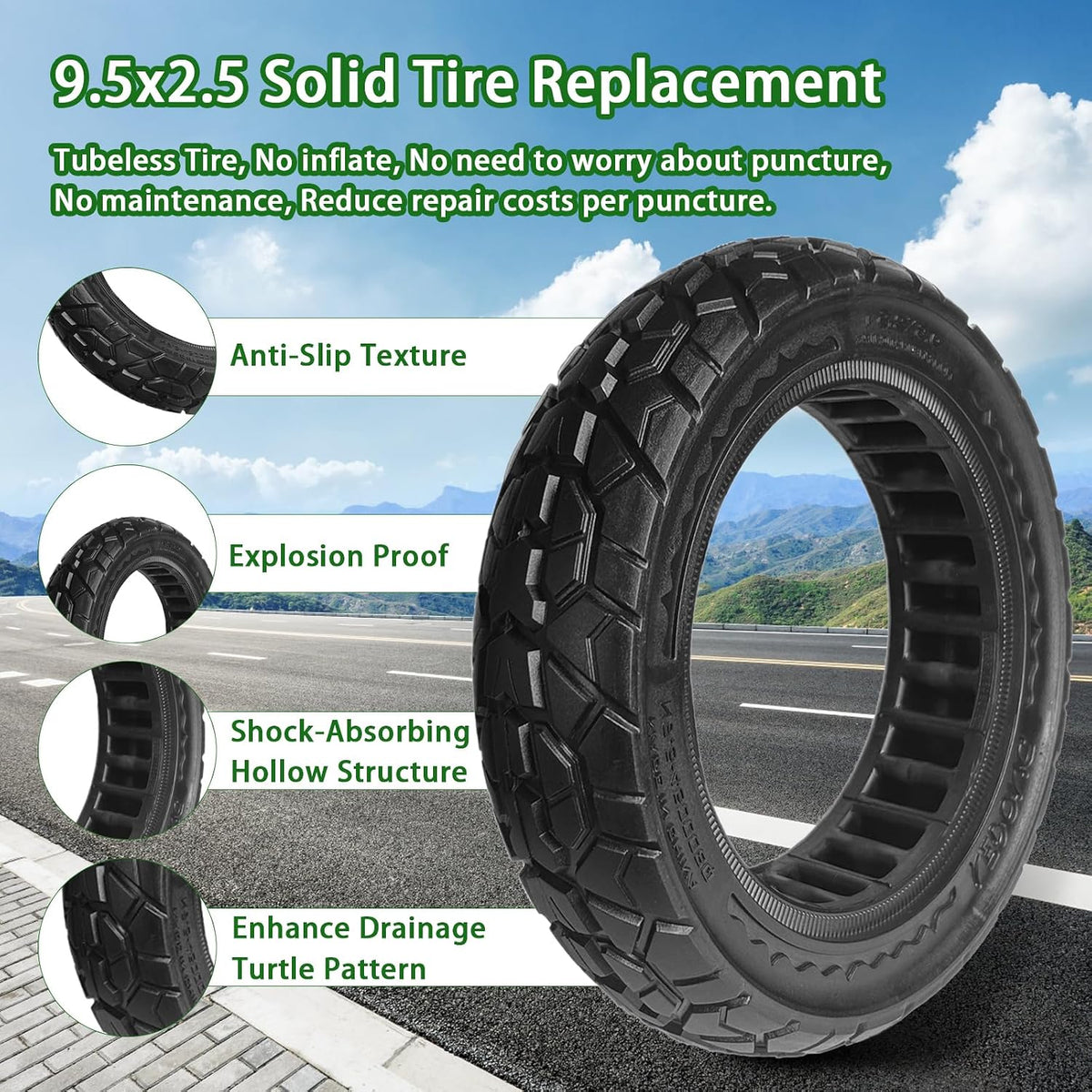 Hromra 9.5 x 2.50 Off-Road Solid Scooter Tire, 9.5x2.5-6.1 Tubeless Puncture-Resistant Replacement Tire for NIU KQi3 Pro & Max Electric Scooters, 1-Pack