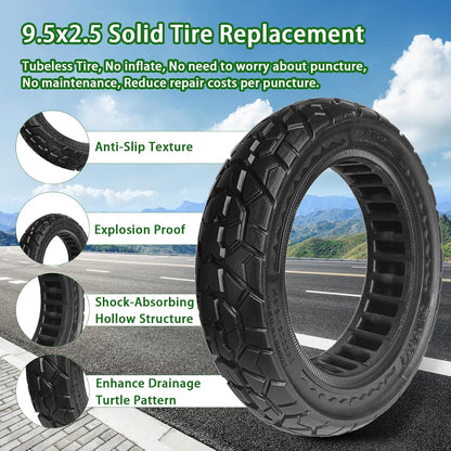 Hromra 9.5 x 2.50 Off-Road Solid Scooter Tire, 9.5x2.5-6.1 Tubeless Puncture-Resistant Replacement Tire for NIU KQi3 Pro & Max Electric Scooters, 1-Pack