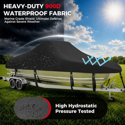 Horonaxo Boat Cover, 17-19ft 900D Waterproof V-Tri Hull, Up to 96" Beam Width, Heavy-Duty Trailerable Cover for Fishing, Runabout & Bass Boats