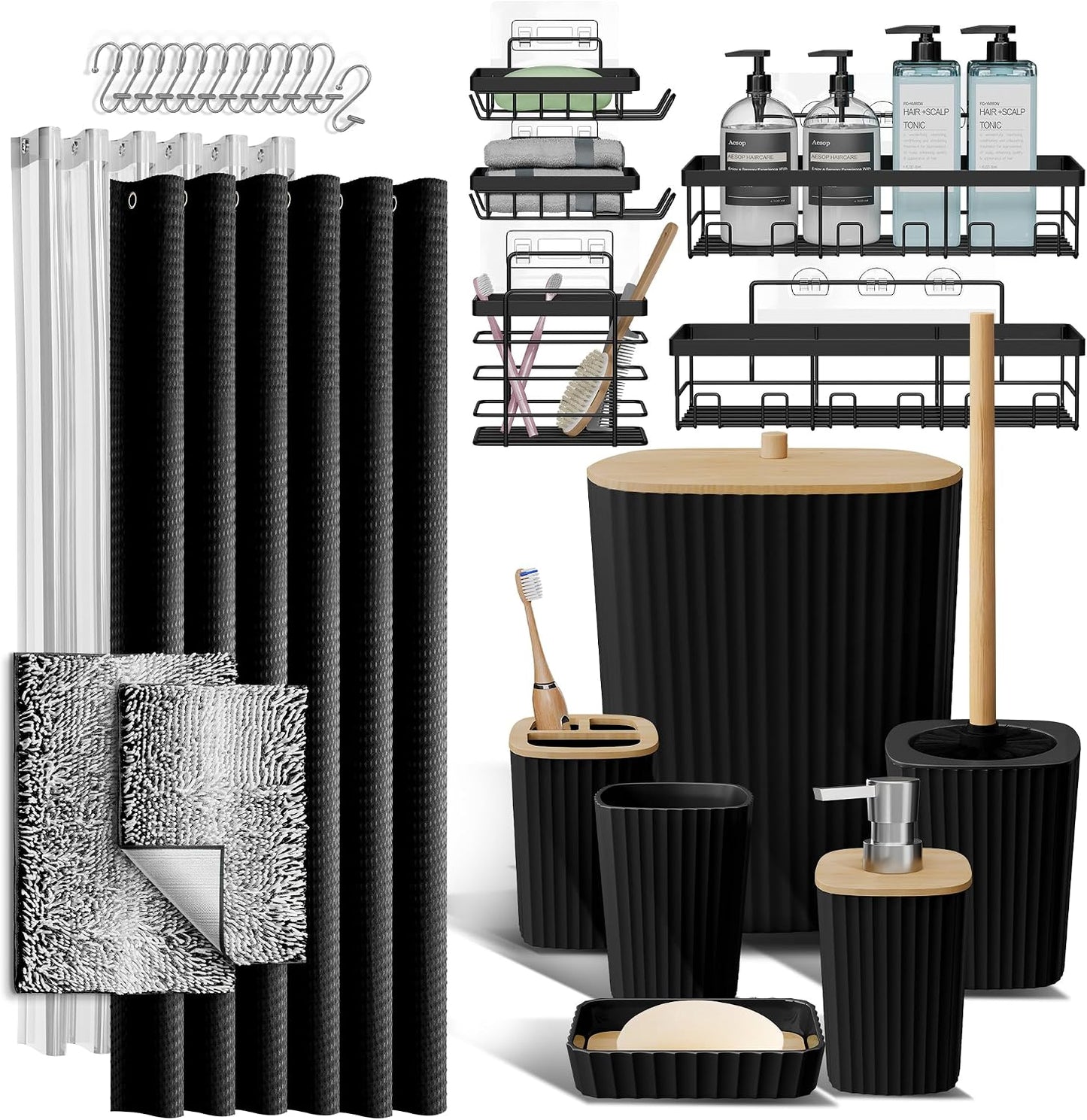 Clara Clark Black Bathroom Set, Shower Curtain Set, Bathroom Accessory Set