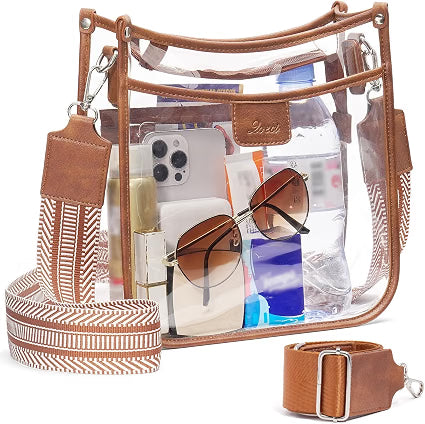QOECI Clear Stadium Crossbody Bag, Stadium Approved Transparent Purse with 2 Adjustable Straps, 3-Pocket Clear Concert Bag for Sports Events, Brown