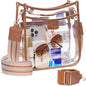 QOECI Clear Stadium Crossbody Bag, Stadium Approved Transparent Purse with 2 Adjustable Straps, 3-Pocket Clear Concert Bag for Sports Events, Brown