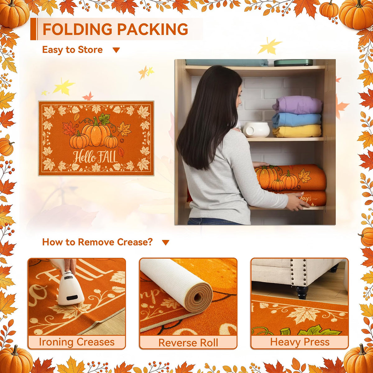 Acapet Fall Front Door Mat 3' x 5', Hello Pumpkin Welcome Mat, Seasonal Farmhouse Porch Rug with Non-Slip Backing, Washable Low-Pile Indoor Outdoor Entryway Mat