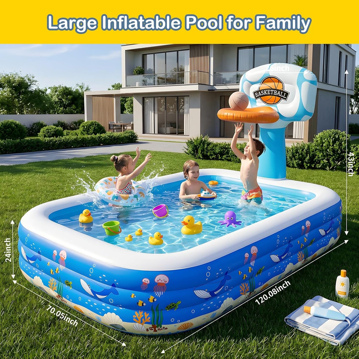 Inflatable Swimming Pool, 120" x 72" x 24", 380-Gallon Rectangular Family Pool with Thickened PVC, Anti-Slip Inflatable Floor for Kids & Adults, Backyard Garden Lawn