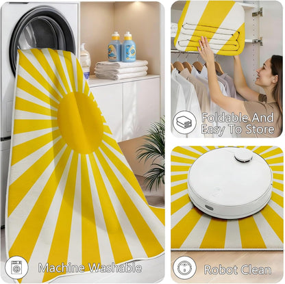 Yellow Rainbow Sun Round Rug 10Ft, Boho Print Circle Area Carpet, Washable