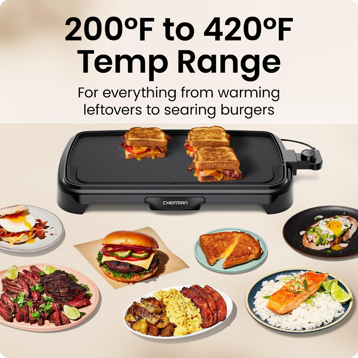 Chefman XL Electric Griddle, 10 x 20 Inch Extra-Large Nonstick Flat Top Grill with Removable Temperature Control & Drip Tray