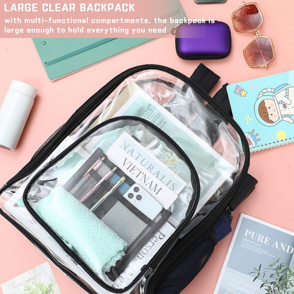 Sadnyy 12-Pack Clear Backpacks, 17-Inch Transparent PVC School Bookbags with Adjustable Shoulder Straps, Multiple Compartments & Side Mesh Pockets, Black