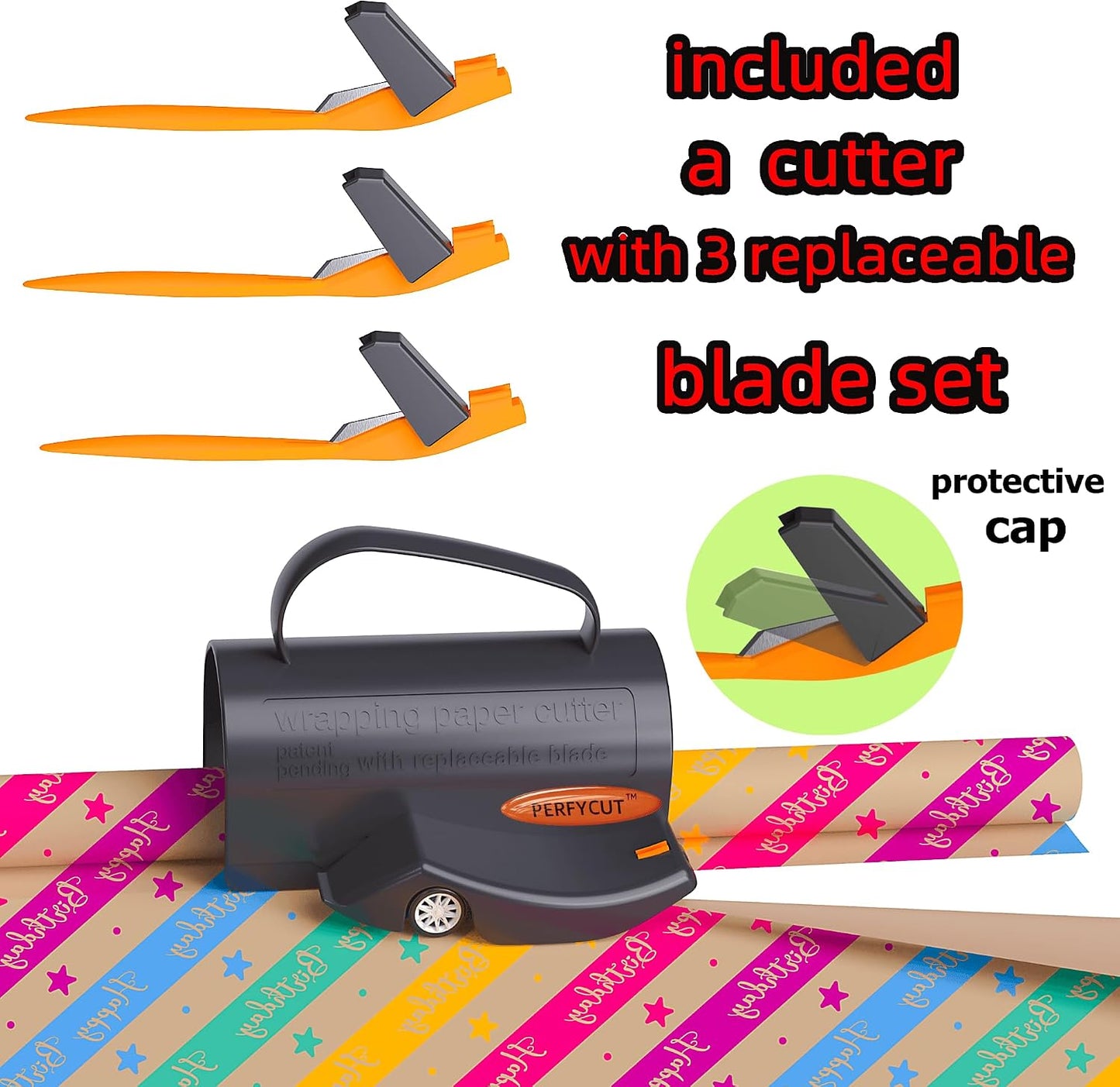 PERFYCUT Wrapping Paper Cutter with 3 Replaceable Blade Sets, Gift Wrapping Paper Roll Cutter with Hidden Stainless Steel Blade, Black