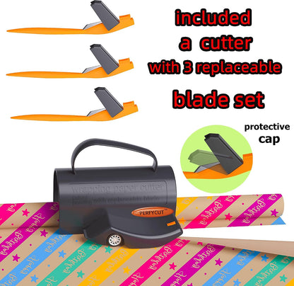 PERFYCUT Wrapping Paper Cutter with 3 Replaceable Blade Sets, Gift Wrapping Paper Roll Cutter with Hidden Stainless Steel Blade, Black