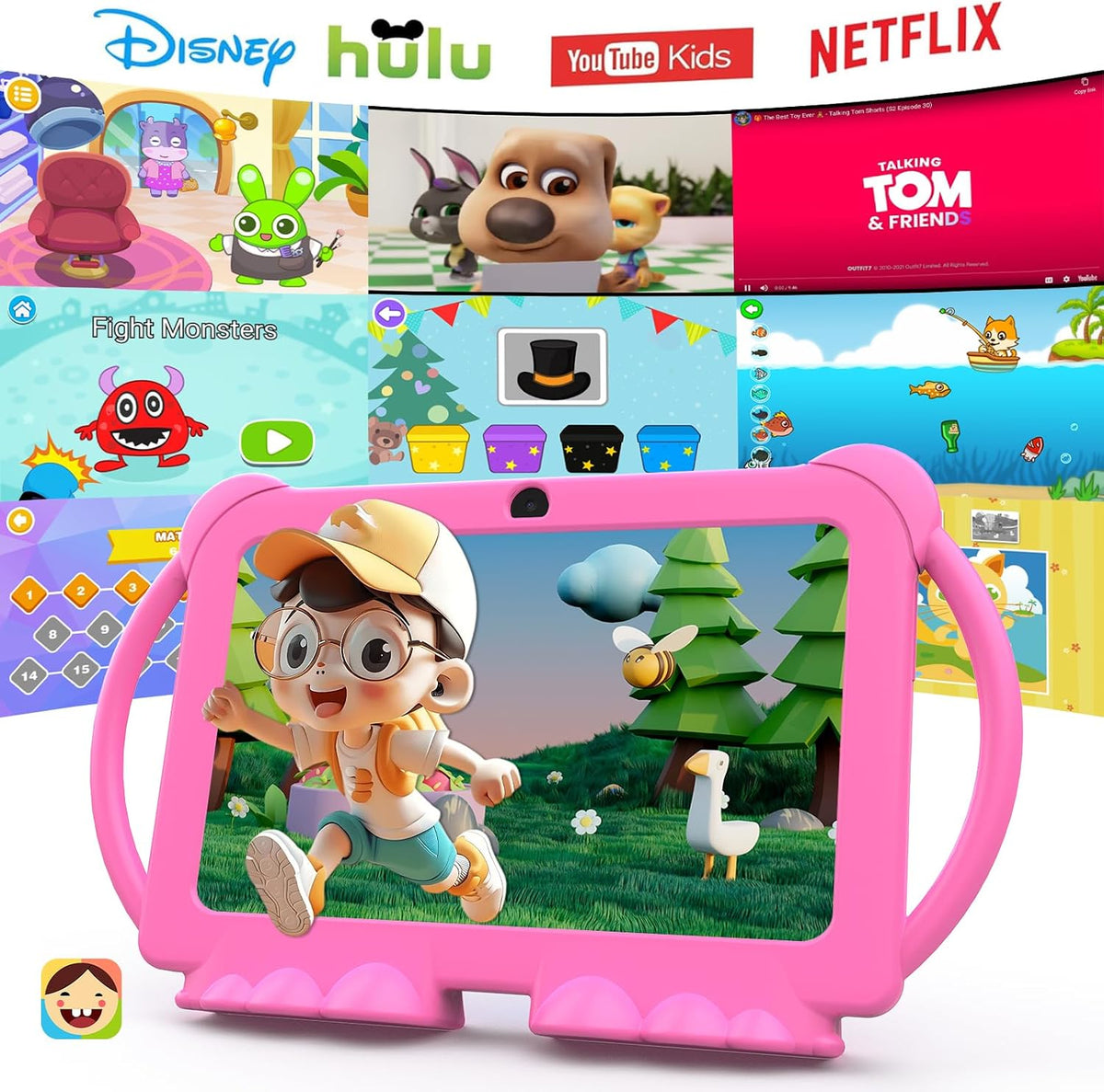 PEICHENG PCQ8 Kids Tablet 7 Inch, Android 12, 4GB RAM 32GB ROM, Parental Control, Dual Camera, IPS Touchscreen, Shockproof Case, Pink