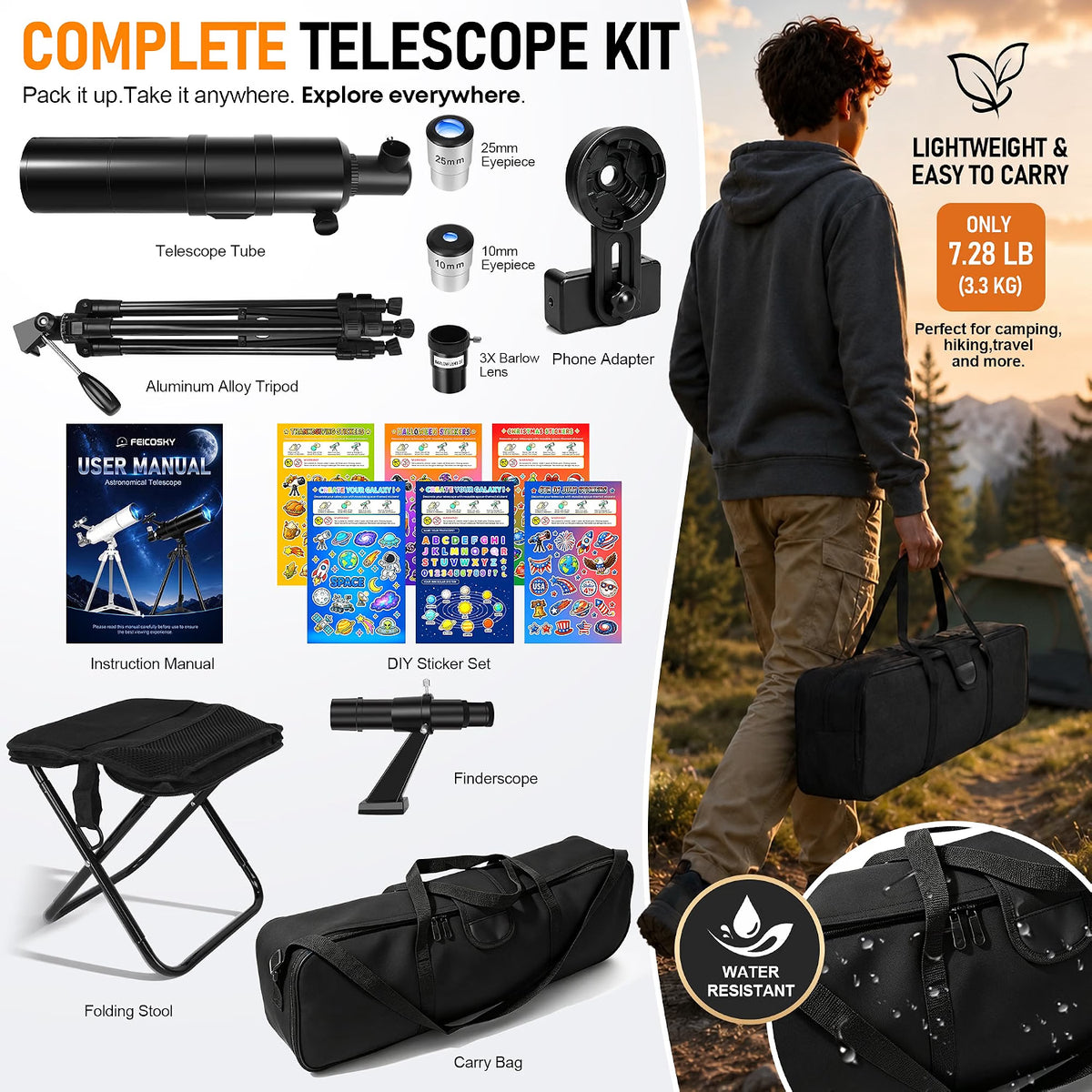 Feicosky 90mm Aperture 600mm Refractor Telescope for Adults & Kids, 24X–180X High Power Astronomy Telescope with Adjustable Tripod, Folding Stool, Phone Adapter & Carry Bag