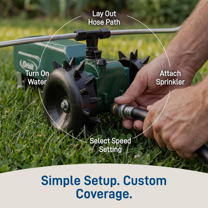 Orbit Traveling Tractor Water Sprinkler - Self-Propelled Traveling Sprinkler for Wide Lawn Coverage - Cast-Iron Body with Adjustable Coverage - Three-Speed - Automatic Shut Off - 58322