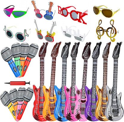 NICOWARM Rock Star Party Sunglasses & Inflatable Props Set, 8 Funny Music Glasses, 8 Inflatable Guitars & 8 Microphones with Hand Inflator, 24-Piece Rock and Roll Party Kit