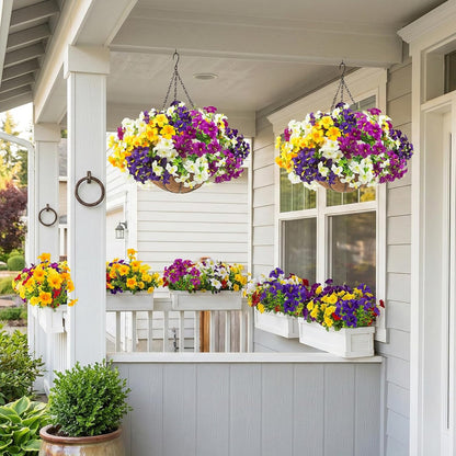 2 Set Artificial Outdoor Flowers with Hanging Baskets,24 Pcs UV Resistant Faux Petunias Flowers with Hanging Planter for Front Door Porch Spring Outside Decor (2, White,Yellow,Purple,RedViolet)
