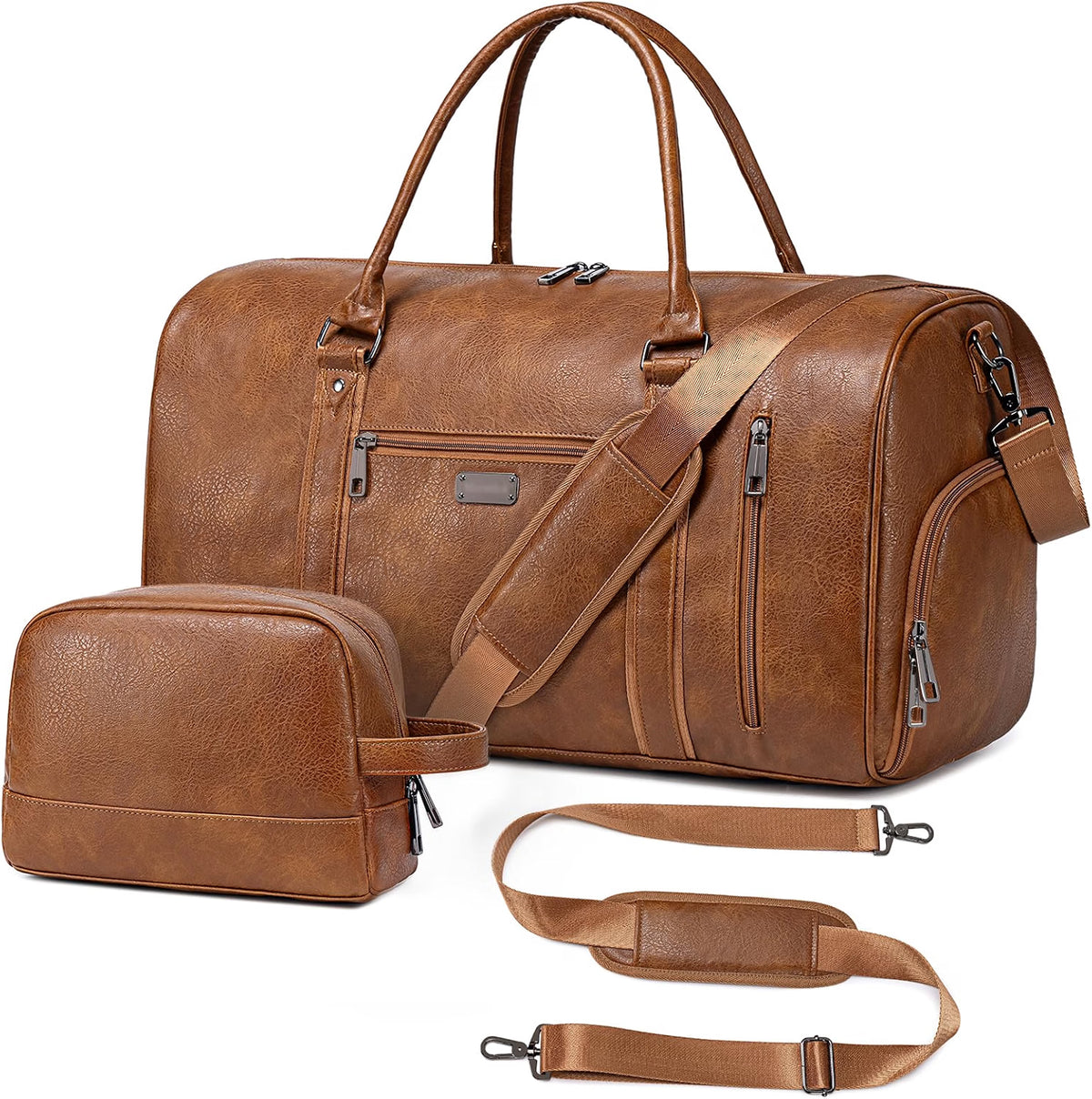 HyperionFlo Essentials Large Travel Duffel Bag for Women & Men, Waterproof Faux Leather Weekender Bag with Shoe Compartment, Toiletry Bag & Luggage Sleeve, Brown