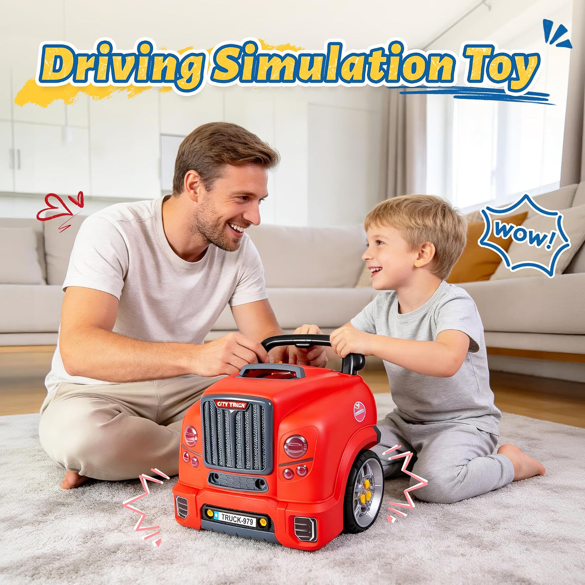 POFJOEQ Interactive Truck Engine Toy, Removable Parts Kids Mechanic Repair Set with Electric Drill, Lights & Sounds, Pretend Auto Service Station for Ages 3–5, Red
