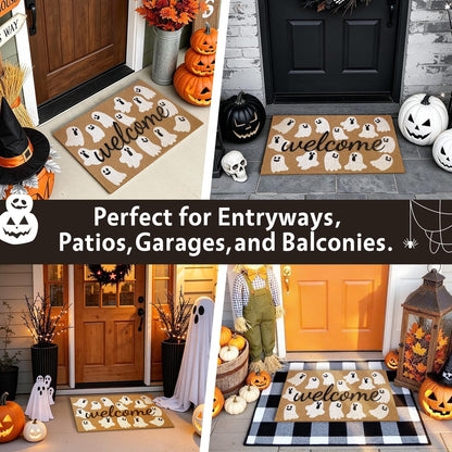 PKFEDR Halloween Door Mat, 17 x 30 Inch Non-Slip Front Welcome Mat, Spooky Ghost Outdoor Indoor Doormat, Weather Resistant Entryway Rug