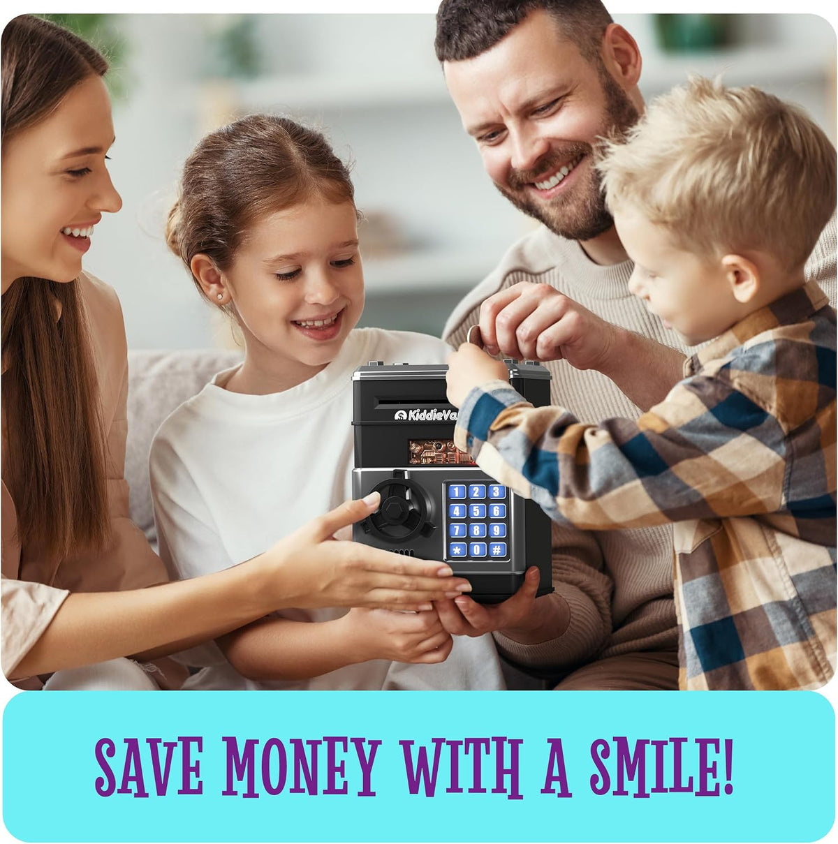 Imagineers KiddieVault Electronic Piggy Bank for Kids, Money Saving Box with Secret Passcode, Automatic Bill Feeder, Lights & Sounds, ATM Safe Toy, Black & Silver