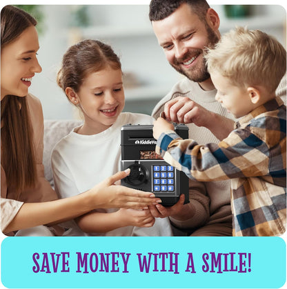 Imagineers KiddieVault Electronic Piggy Bank for Kids, Money Saving Box with Secret Passcode, Automatic Bill Feeder, Lights & Sounds, ATM Safe Toy, Black & Silver
