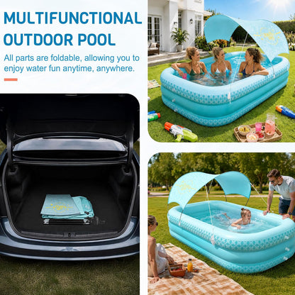 Kiddie Pool with Canopy, Extra Large Inflatable Swimming Pool with Sunshade, Reinforced PVC Family Pool with Drain Hole for Backyard, Beach and Outdoor Use
