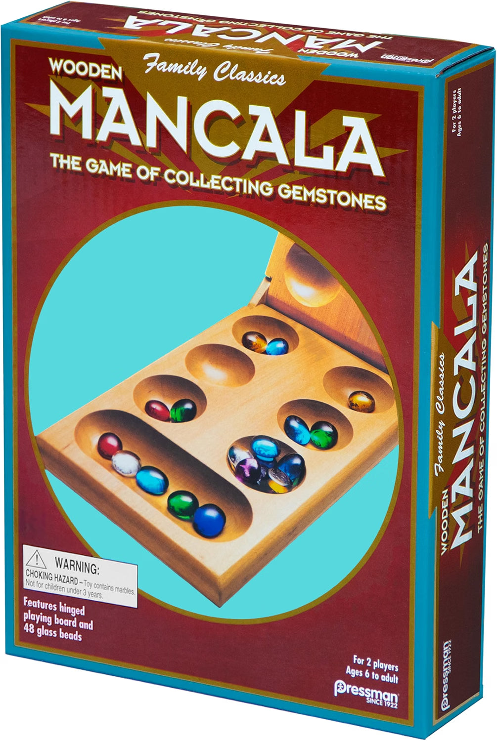 Pressman Mancala Board Game, Classic Strategy Game with 48 Glass Stones and Folding Wooden Board, 2-Player Game for Kids & Adults Ages 6+