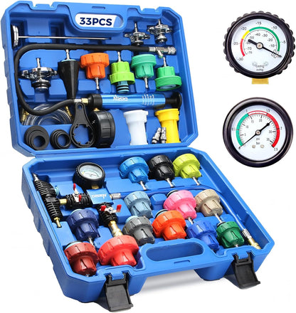 DISEN 33Pcs Coolant Pressure Tester Kit, Master Coolant Vacuum Refill Kit with 23 Radiator Adapters, Radiator Cooling System Pressure Tester & Vacuum Purge Tool for Cars, Trucks, SUVs