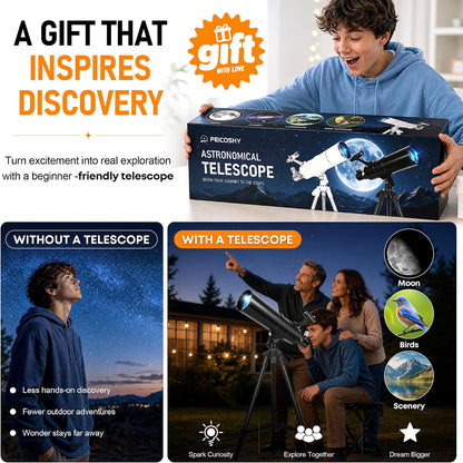 Feicosky 90mm Aperture 600mm Refractor Telescope for Adults & Kids, 24X–180X High Power Astronomy Telescope with Adjustable Tripod, Folding Stool, Phone Adapter & Carry Bag