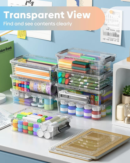 BiuLeon 8-Pack Large Pencil Box Set, Clear Plastic Pencil Cases with Snap-Tight Lids, Stackable Marker & Crayon Organizer Boxes for School, Office, Art & Craft Supplies, Grey