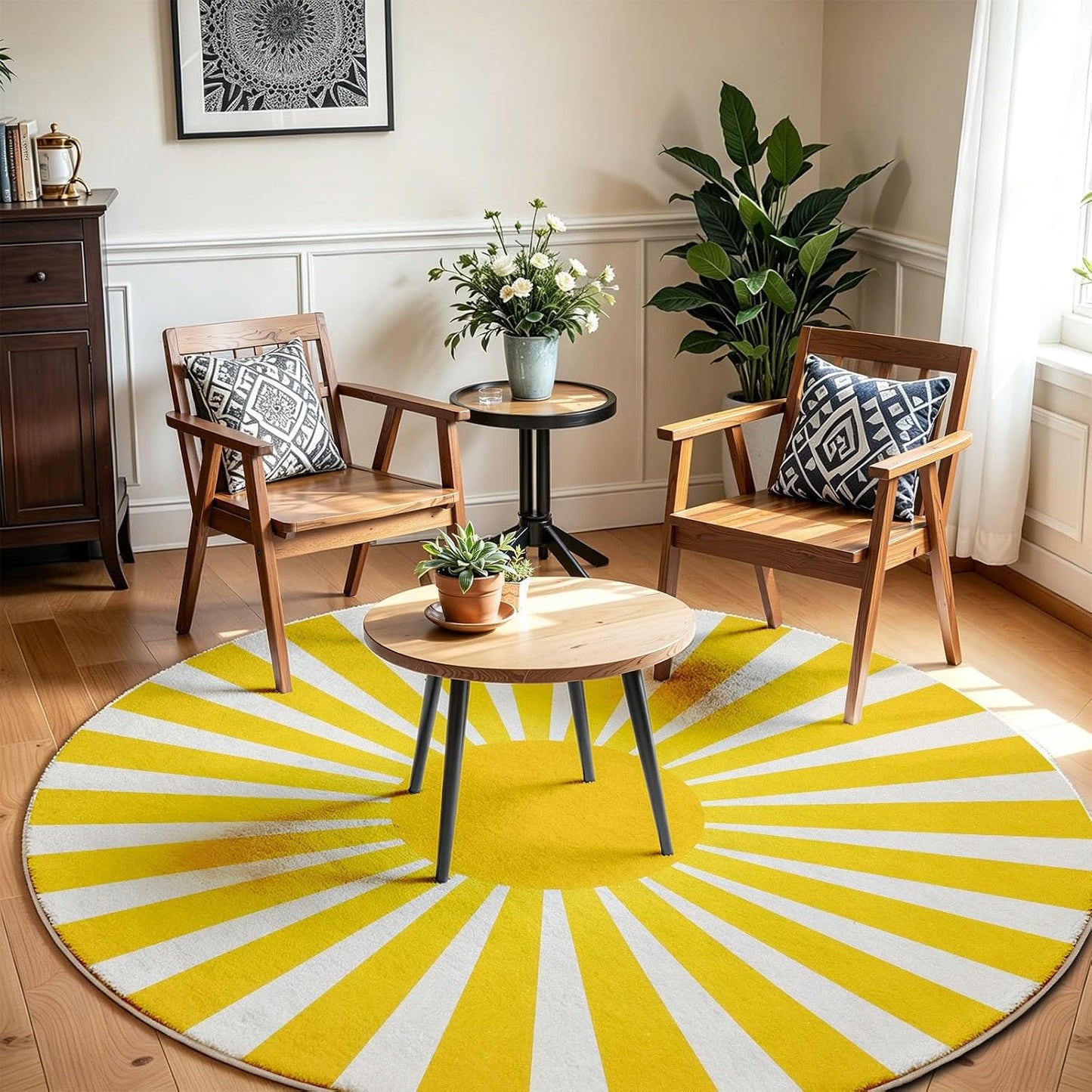 Yellow Rainbow Sun Round Rug 10Ft, Boho Print Circle Area Carpet, Washable