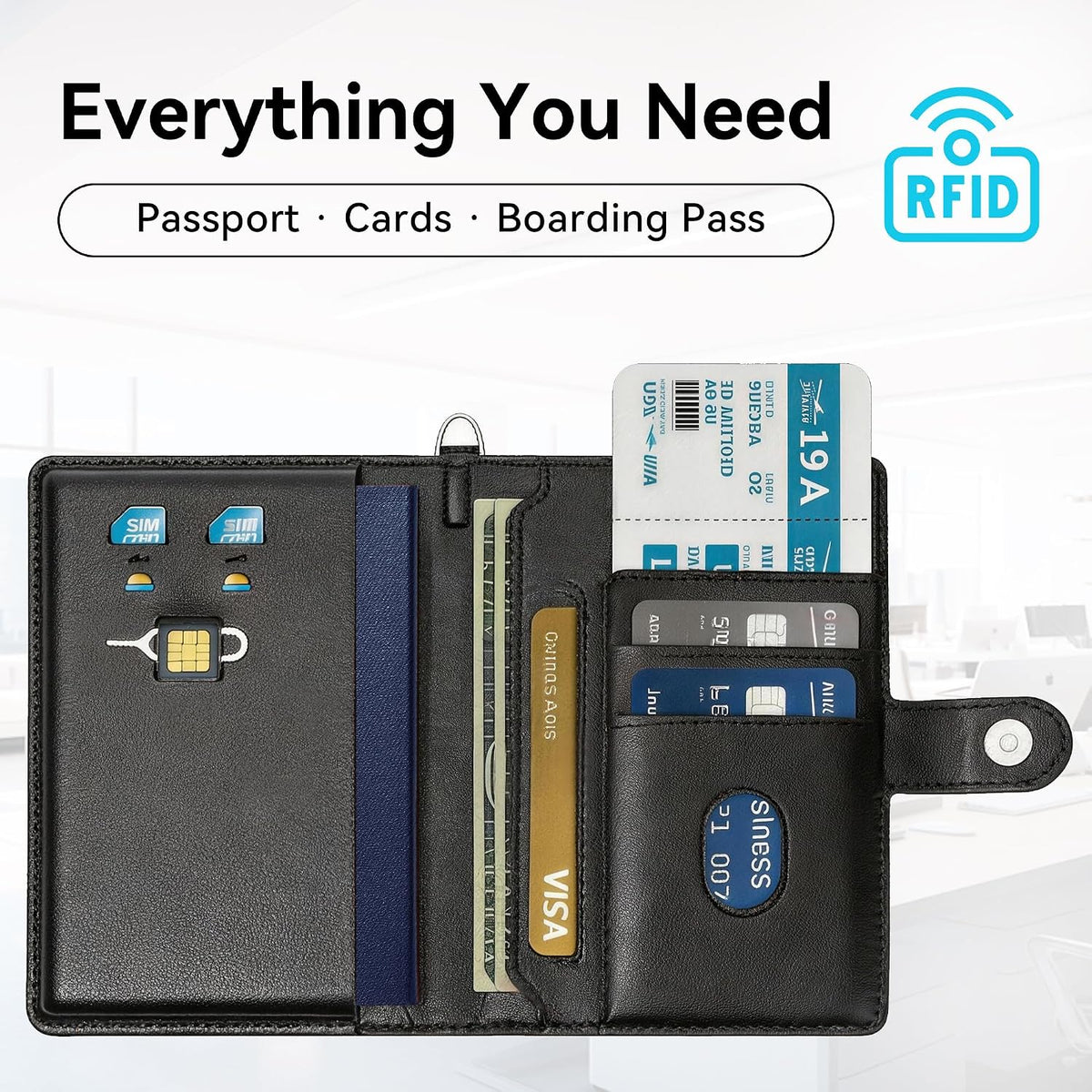 Trackable Passport Holder for Travel, RFID Blocking Wallet, Black Premium Pebbled PU Leather Cover, Works with Apple Find My, Is MFi Certified, for iOS Devices Only, with Card Slots & Lanyard