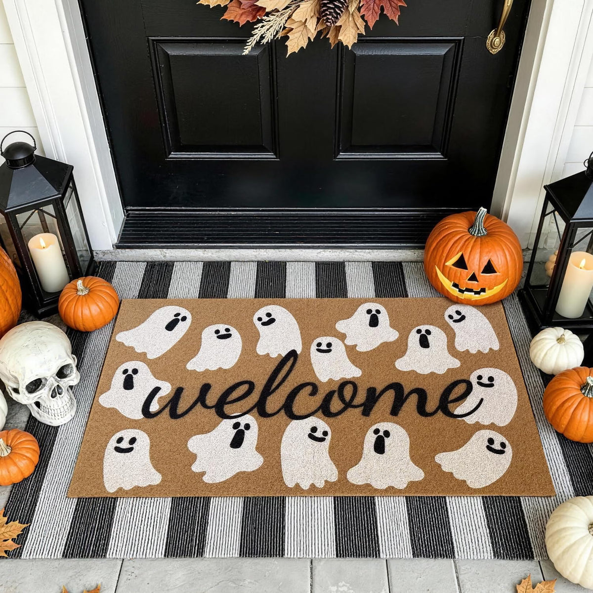 PKFEDR Halloween Door Mat, 17 x 30 Inch Non-Slip Front Welcome Mat, Spooky Ghost Outdoor Indoor Doormat, Weather Resistant Entryway Rug