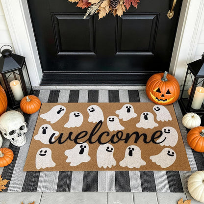 PKFEDR Halloween Door Mat, 17 x 30 Inch Non-Slip Front Welcome Mat, Spooky Ghost Outdoor Indoor Doormat, Weather Resistant Entryway Rug