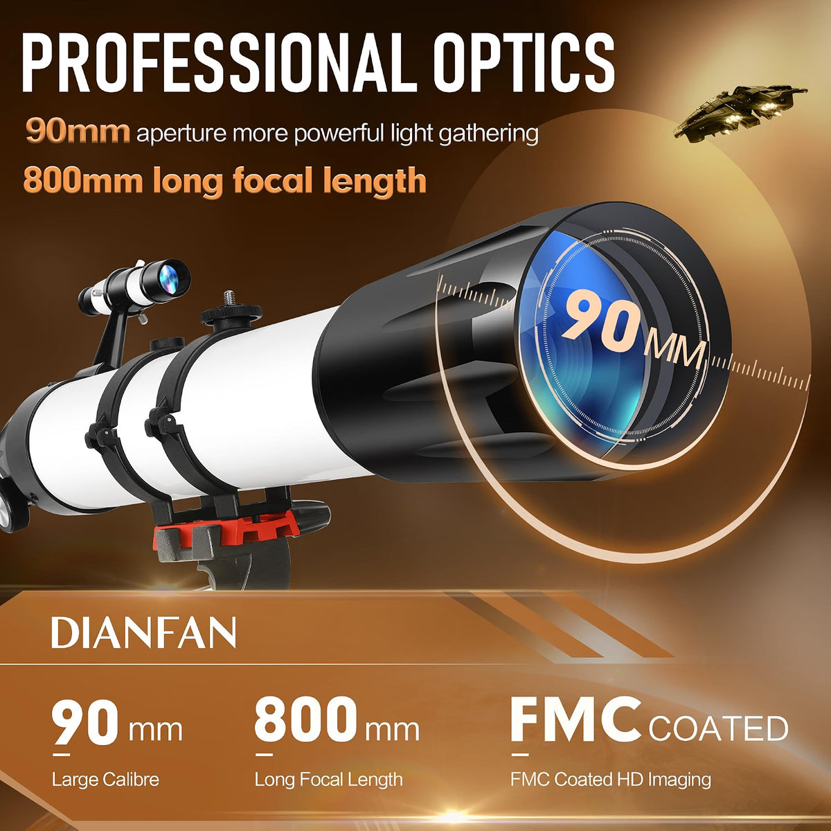 Dianfan 90mm Aperture 800mm Telescope, 32×–240× High-Powered Refractor Telescope for Adults & Beginners with Stainless Steel Tripod, Phone Adapter & Carry Bag