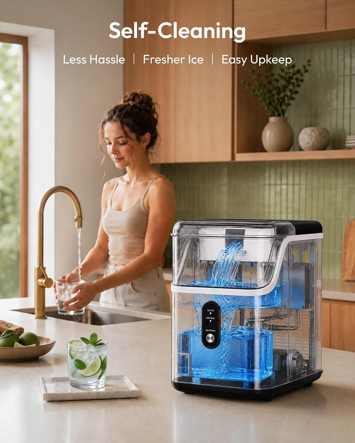 EUHOMY Nugget Ice Maker Countertop, Ready in 7 Mins, 35Lbs/24H Pebble Ice Maker Machine, Self-Cleaning Countertop Sonic Ice Makers with Ice Scoop&Basket, Pellet Ice Maker for Home, Stainless Steel