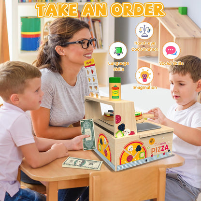 WOODMAM Wooden Pizza Toy, 48-Piece Montessori Pretend Play Food Set with Rotating Pizza Counter & Oven, Play Money & Menu for Kids Ages 3+, Multicolor