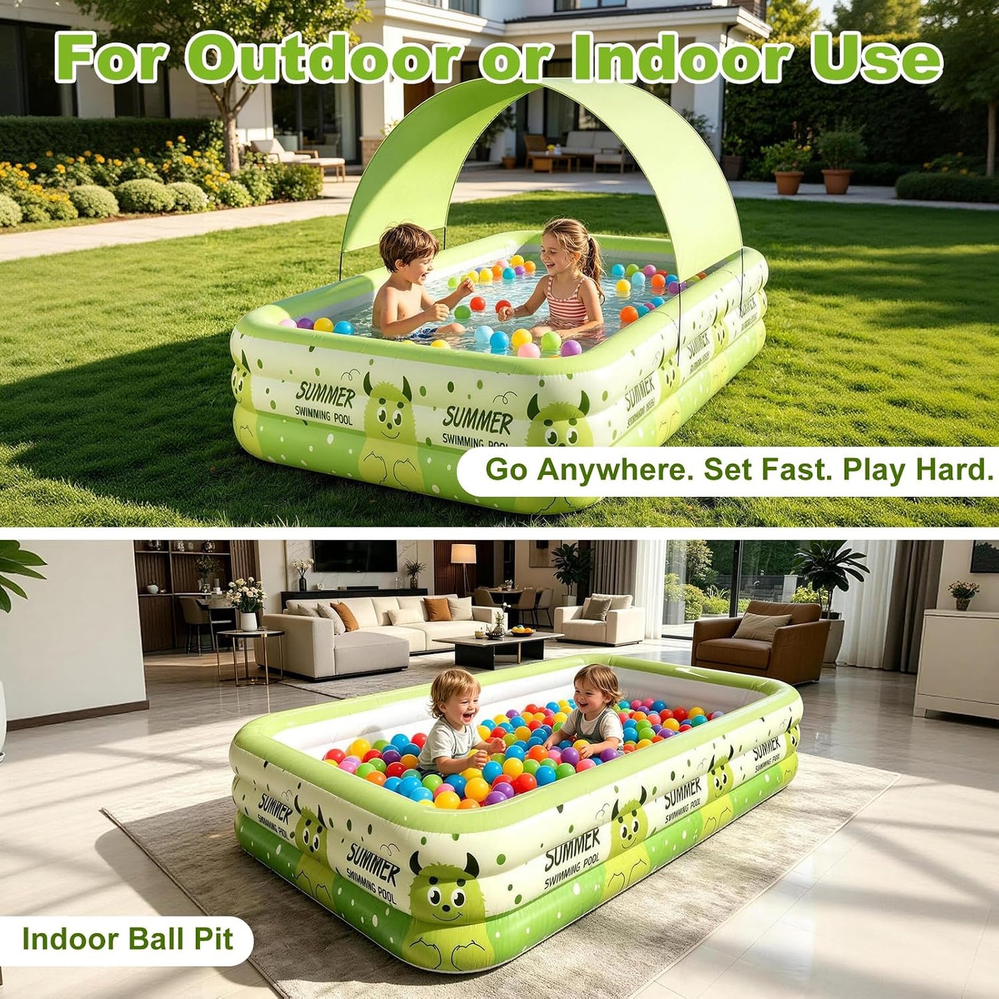 Kiddie Pool with Canopy 71" x 51" x 22", Inflatable Baby Pool with Detachable Sunshade, Portable Blow-Up Swimming Pool for Toddlers and Kids, Backyard Outdoor Water Play Pool, Green Monster