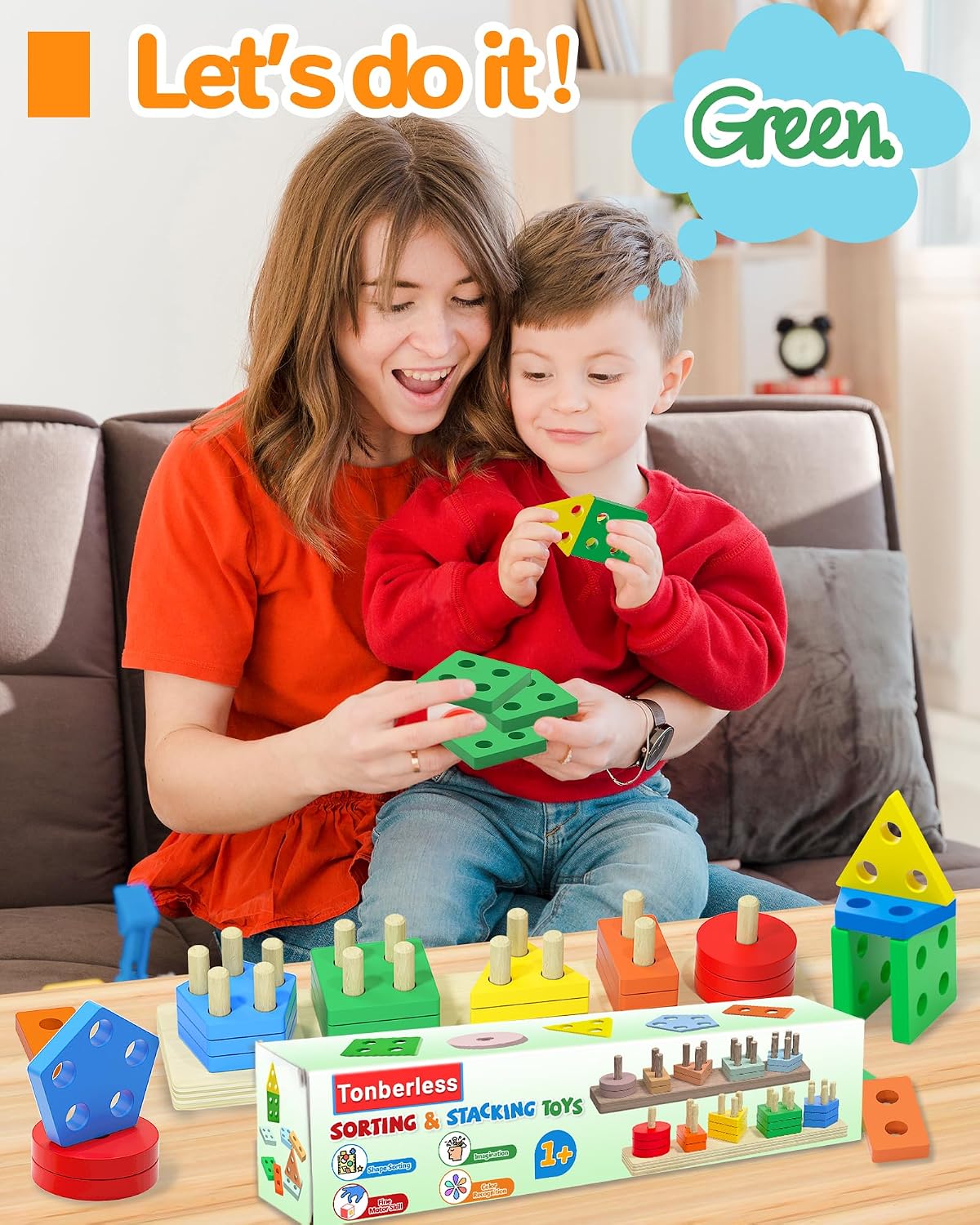 Tonberless Montessori Toys for Toddlers 1-3 Years, Wooden Sorting & Stacking Puzzle with 20 Pieces, Shape & Color Recognition Learning Toy for Boys & Girls