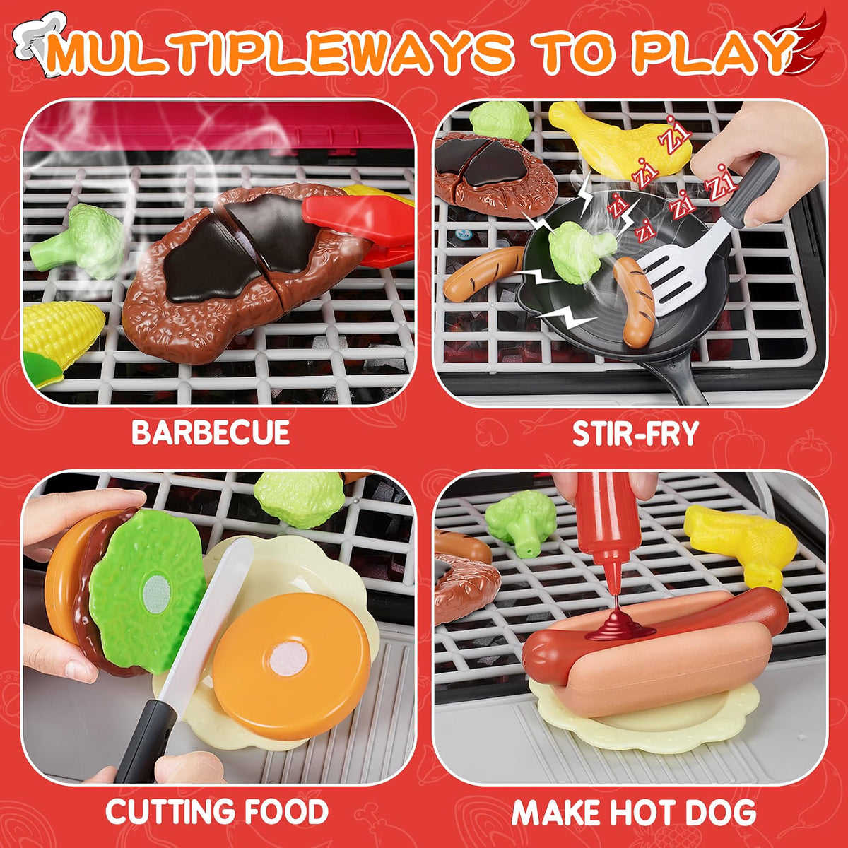 Bstoyder Kids BBQ Grill Playset, 73-Piece Pretend Kitchen Playset with Smoke, Sound & Light, 2-Layer Outdoor Grill Toy with Play Food & Accessories for Toddlers, Red