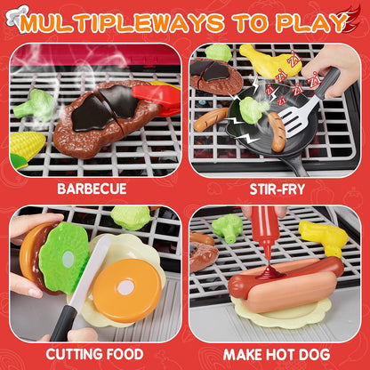 Bstoyder Kids BBQ Grill Playset, 73-Piece Pretend Kitchen Playset with Smoke, Sound & Light, 2-Layer Outdoor Grill Toy with Play Food & Accessories for Toddlers, Red