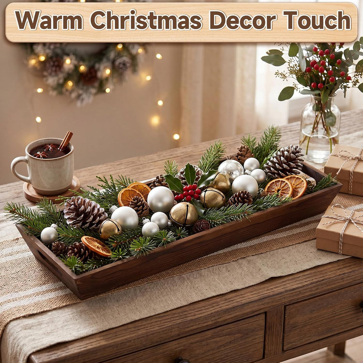 Gisafai 6 Pcs Long Wooden Narrow Tray Large Fall Serving Trays with Handle Thanksgiving Party, Rustic Farmhouse, Fall Centerpiece, 24x7.8'', Rectangular, Charcuterie Board Plate, Dining Dinner Kitchen