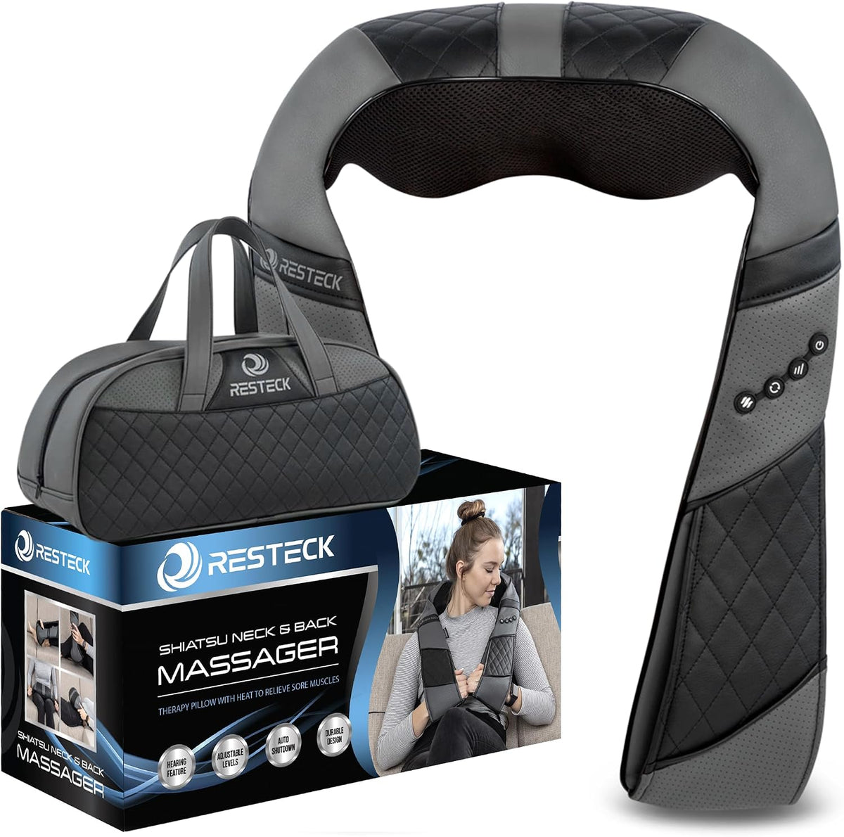 RESTECK Massagers for Neck and Back with Heat, Deep Tissue 3D Kneading Pillow, Electric Shiatsu Shoulder Massager for Neck, Back, Legs & Feet, Full Body Massage, Home, Office & Car