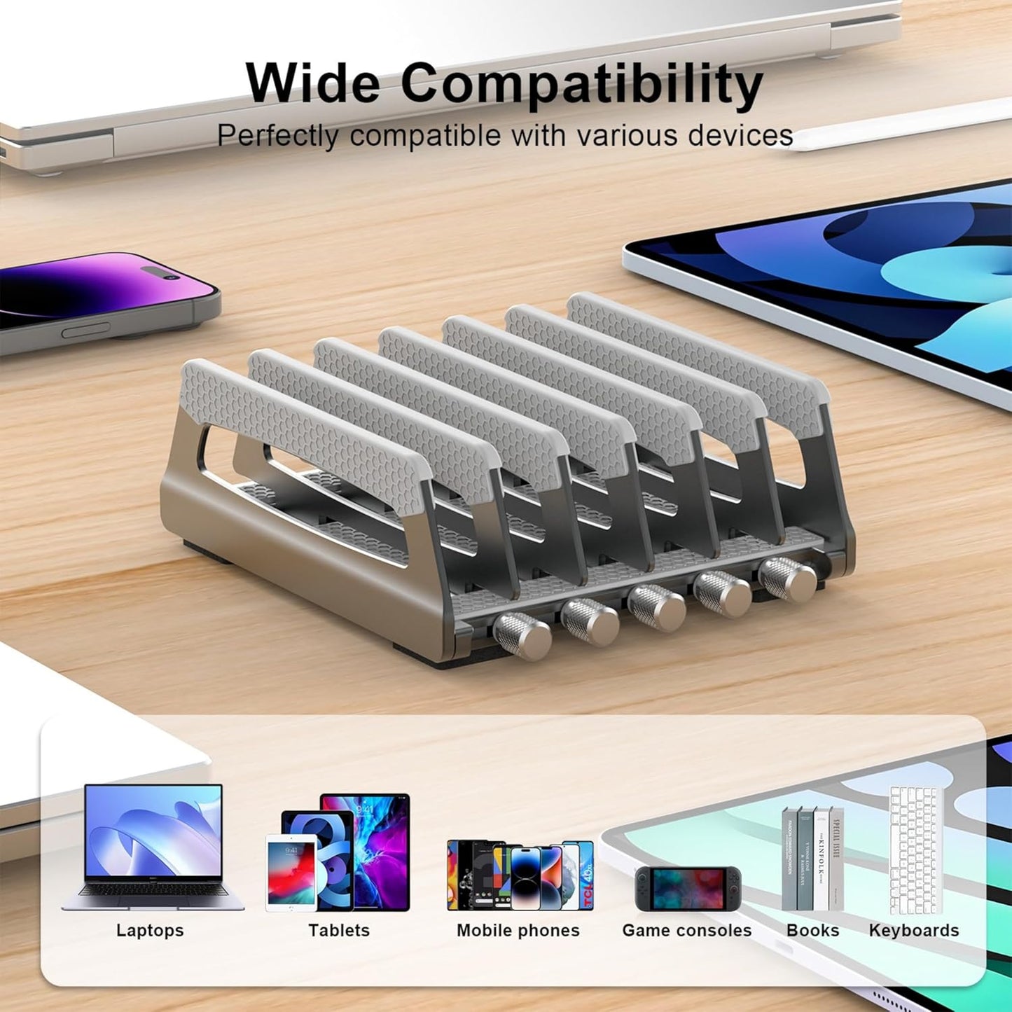 Elestoria 6-Slot Vertical Laptop Stand & Holder –Adjustable Aluminum Laptop Stand Vertical for Desk Fits 6 Devices, MacBook & Gaming Laptops (Up to 17.3”)–Space Saving Laptop Storage Rack - Grey