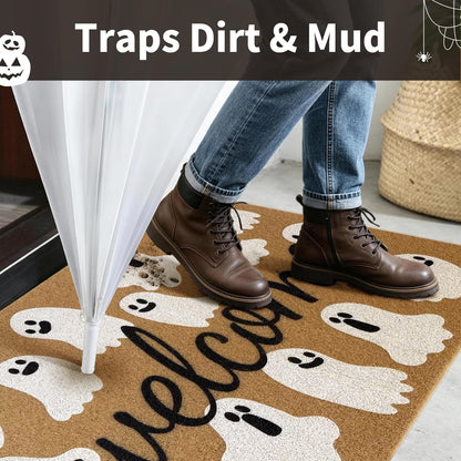 PKFEDR Halloween Door Mat, 17 x 30 Inch Non-Slip Front Welcome Mat, Spooky Ghost Outdoor Indoor Doormat, Weather Resistant Entryway Rug