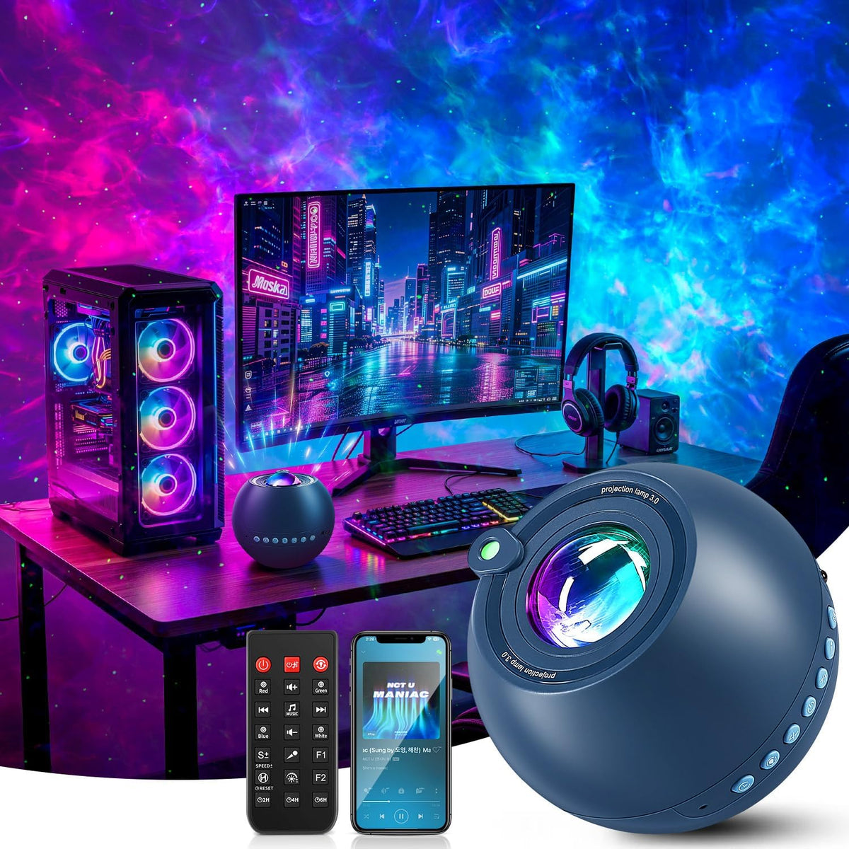 One Fire 360 Game Lights Galaxy Projector Gaming Accessories Gaming Room Decor Green Star Bluetooth Speaker+15 White Noise Man Cave Accessories Cool Gifts for Men Birthday Gift Cool Stuff for Teen Boy