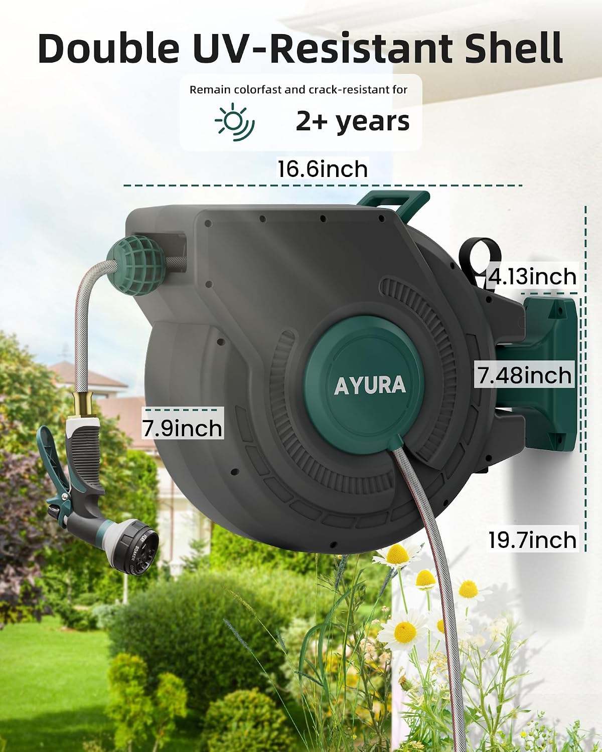 Retractable Garden Hose Reel 1/2 Inch x 100 ft,Automatic Slow Rewind System Heavy Duty Automatic Garden Hose Reels with Kink-Free Rewind and Lock at Any Length, Wall Mount Water Hose Reel for Outside