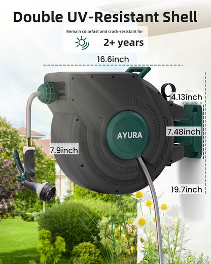 Retractable Garden Hose Reel 1/2 Inch x 100 ft,Automatic Slow Rewind System Heavy Duty Automatic Garden Hose Reels with Kink-Free Rewind and Lock at Any Length, Wall Mount Water Hose Reel for Outside