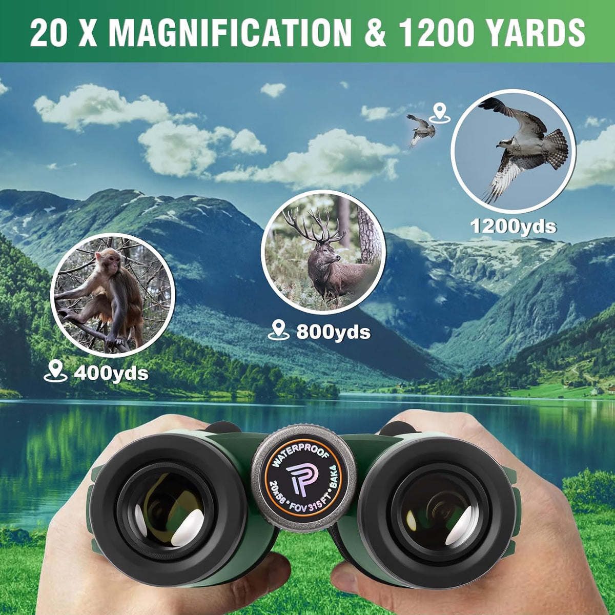 Pankoo 20x56 High-Powered Binoculars for Adults, Waterproof BAK4 Roof Prism Binoculars with FMC Lenses, Large 56mm Objective Lens for Bird Watching, Sports, Travel & Stargazing