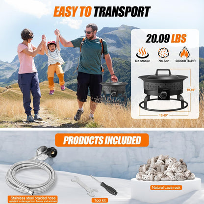 GasBRUH 19″ Outdoor Portable Propane Fire Pit with Cover&Carry Kit,60,000 BTU Smokeless Gas Firebowl,Outdoor Fireplace,Camping Propane Firepit,Portable Gas Fire Pits for Outside Patio,Camp,RV