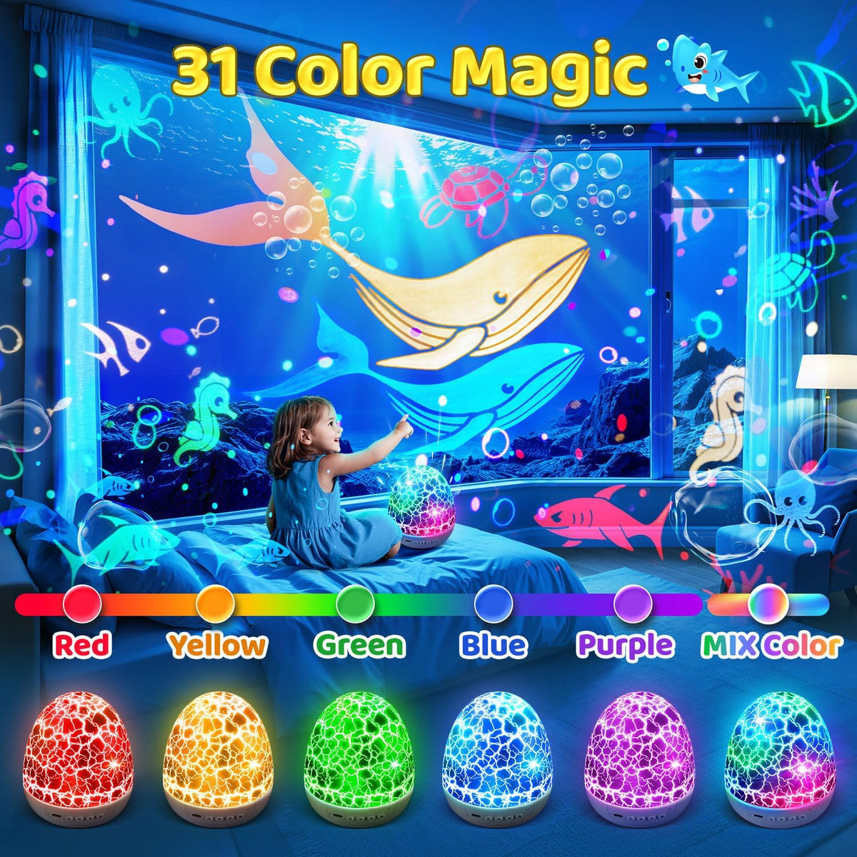 Staryou Dinosaur Egg Night Light Projector for Kids, 15 Soothing Sounds, 3 Film Modes, 33 Color Effects, 360° Rotation, Remote Control, Sleep & Sensory Toy