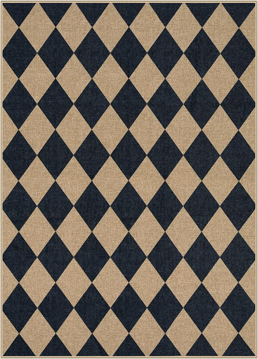 Lahome Checkered Easy Jute 5 x 7 Area Rug, Washable Indoor Outdoor Patio Rug, Low-Pile Non-Slip Geometric Diamond Carpet for Living Room, Dining Room, Backyard & Deck, Black/Charcoal